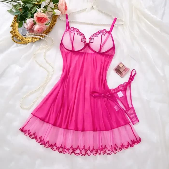 Robe de nuit pour femme en tulle rouge rose