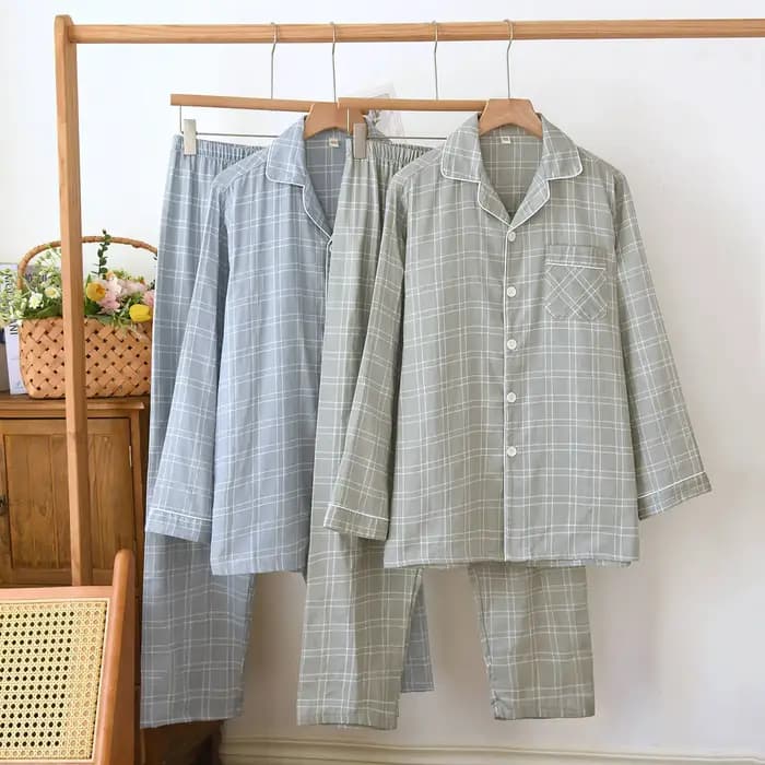 Ensemble de pyjama pour homme en coton gazeux à manches longues et pantalon, design à carreaux décontracté, taille plus, pyjama homme