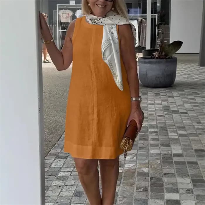 Femmes confortable coton lin couleur unie robes élégant col rond robe été décontracté banlieue taille haute sans manches