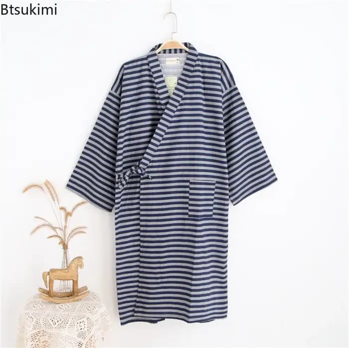 Peignoir de Couple en gaze de coton pur, chemise de nuit, Kimono Yukata, pyjama pour femmes et hommes, Cardigan rayé, vêtements de nuit, vêtements de maison