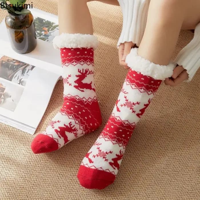 Cadeau de noël pantoufles chaussettes femmes hiver peluche doux flou sol femme moelleux concepteur Silicone anti-dérapant poignée chaussette cerf wapiti