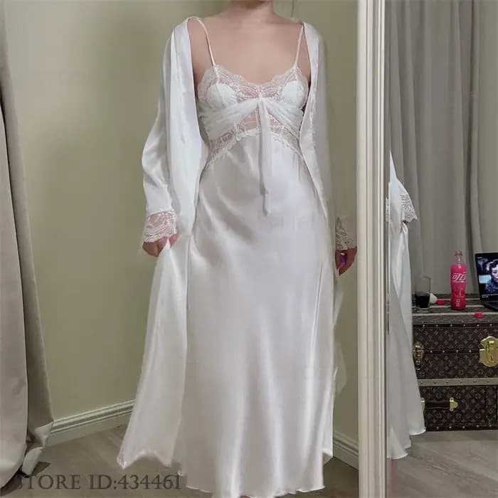 Femmes longue Twinset Robe ensemble Sexy dentelle garniture mariage peignoir Kimono
