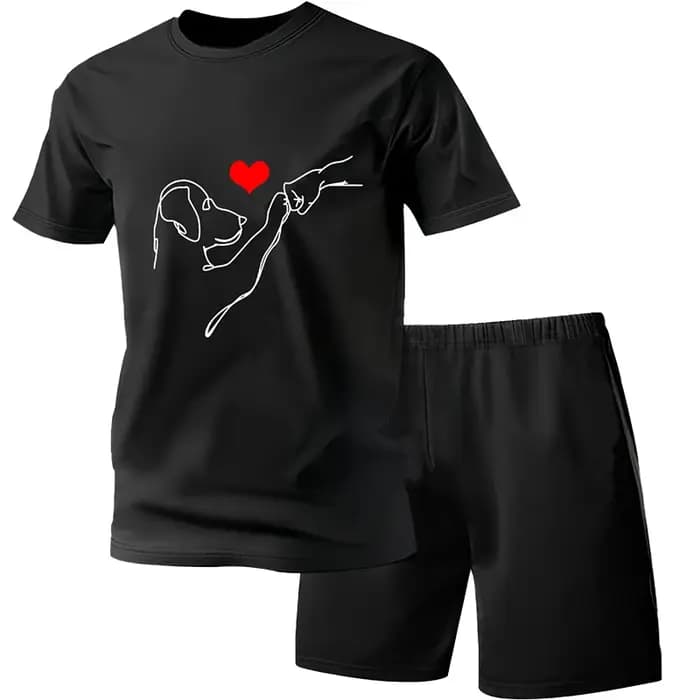 Pyjama deux pièces pour hommes ensemble de vêtements de maison manches courtes short motif géométrique noir confort tricoté pour toutes saisons