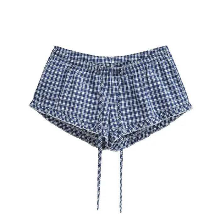Short de pyjama à carreaux pour femme avec cordon de serrage réglable et volants