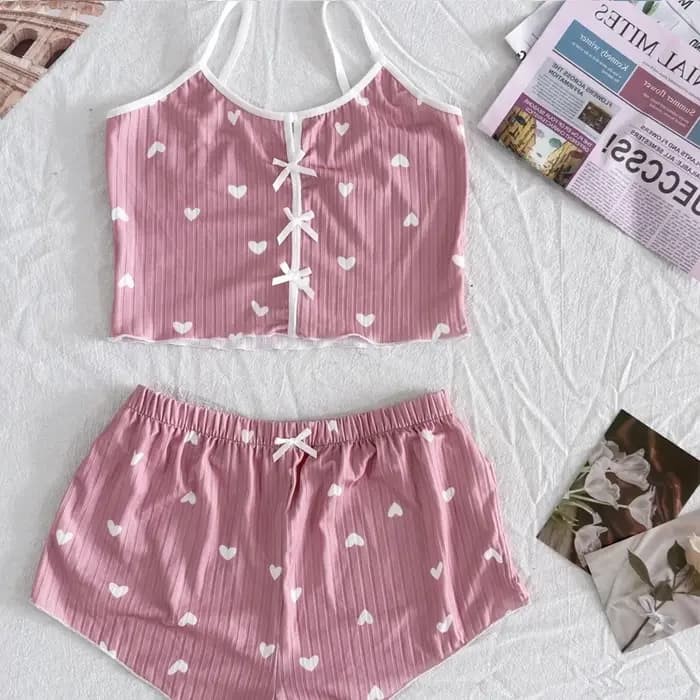 Ensemble de pyjama pour femme en tissu côtelé doux à imprimé cœurs