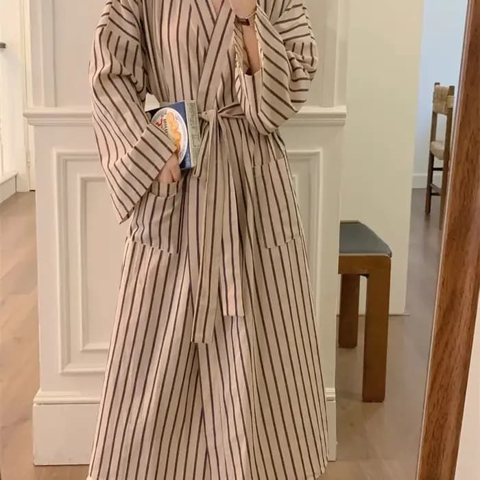 Peignoir pour femme : Robe kimono rayée à manches longues toutes saisons – Pyjama et vêtements de détente amples