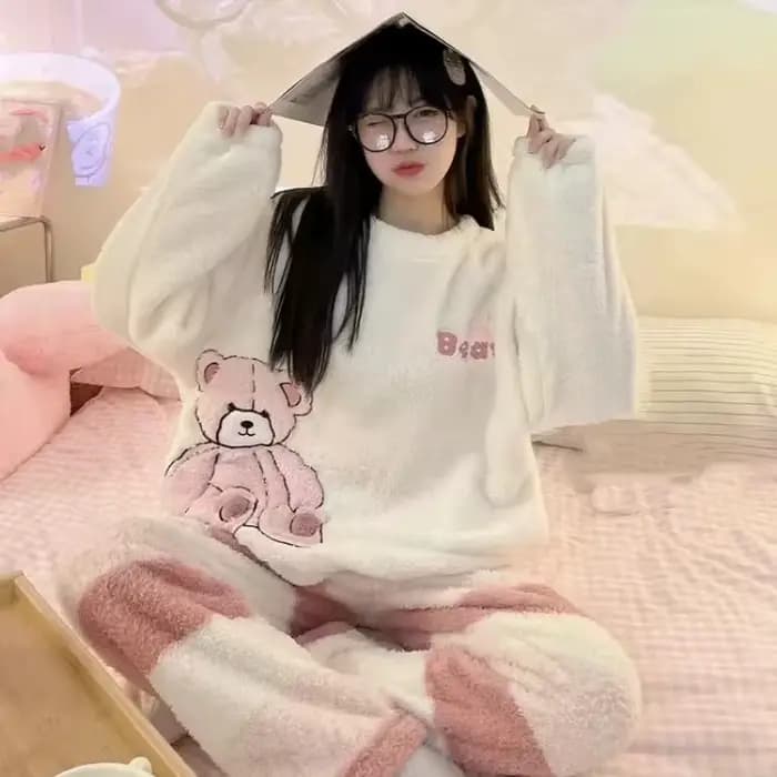Ensemble de pyjama 2 pièces pour femme en polaire douce et pelucheuse, avec broderie d'oie mignonne et rayures, chaud et confortable pour l'hiver, style décontracté et doux