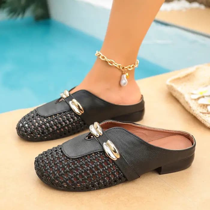 Baotou pantoufles automne nouveau bout rond bouche profonde boucle en métal semelle souple antidérapant bloc talon chaussures