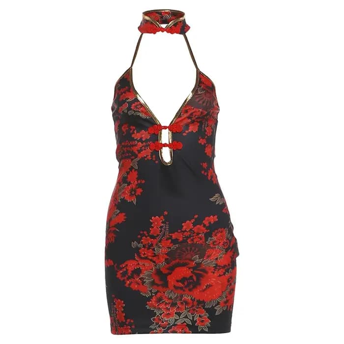 Robe Courte Sans Manches Femme Sexy Halter Imprimé Floral Bodycon Y2K Noire et Rouge Tenue de Soirée Clubbing Été 2026