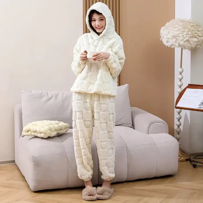 Ensemble de pyjama en polaire pour femme, vêtements de détente en polaire corail texturé à capuche, vêtements de nuit chauds en 2 pièces pour dames