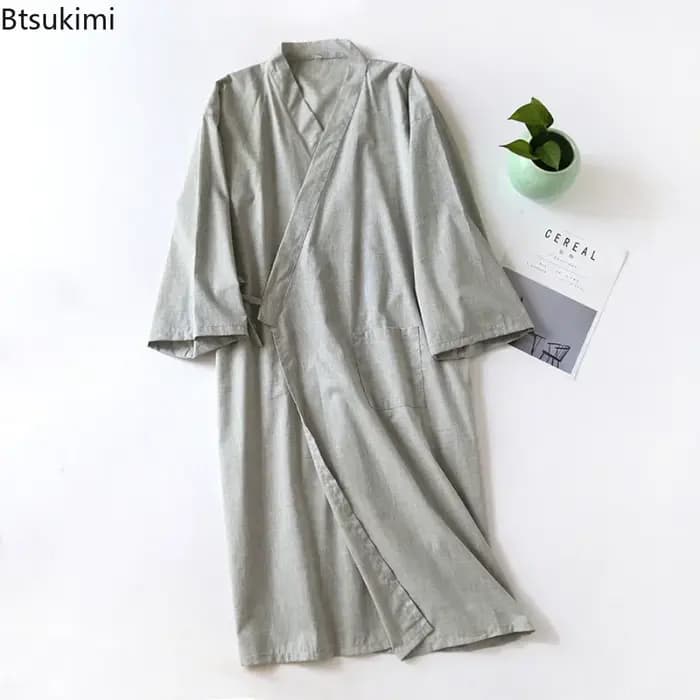 Peignoir Kimono Homme 2026 en Coton Double Gaze Rayé 100%