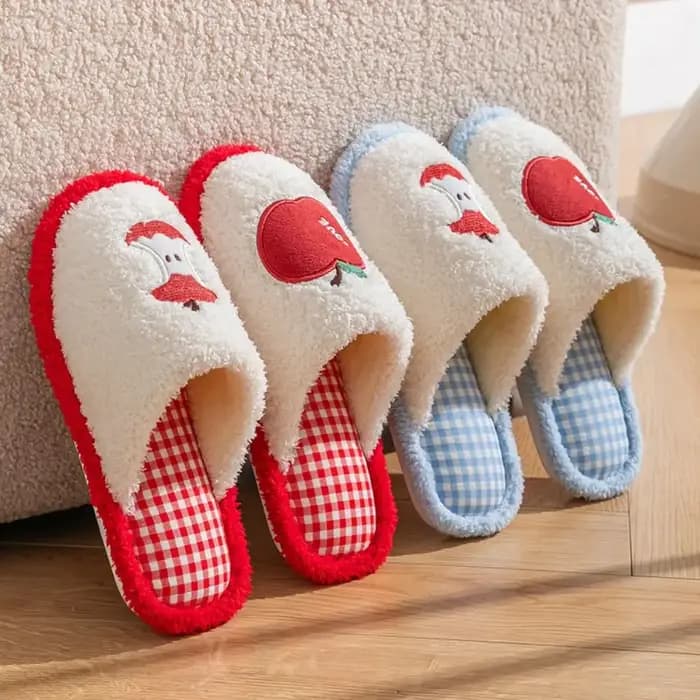 Doux grille rayure mignon en peluche pantoufles antidérapant semelle épaisse fruits