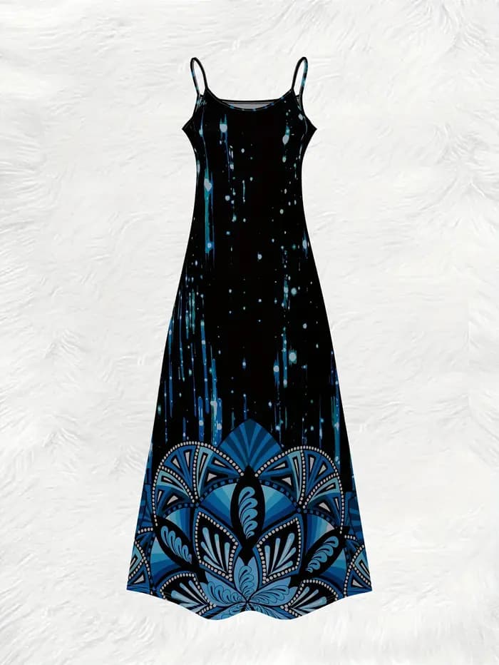 Robe décontractée à imprimé plumes bleu galaxie pour femmes