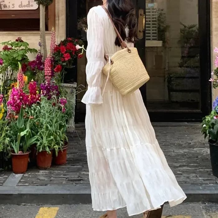 Robe longue plissée à manches évasées pour femmes