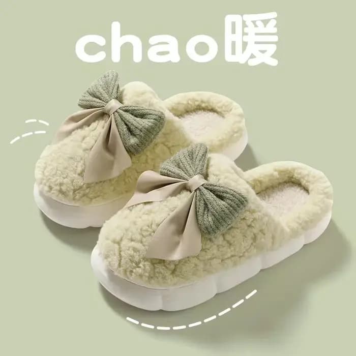 Pantoufles chaudes d'hiver en fourrure pour femmes, chaussures souples antidérapantes avec nœud mign