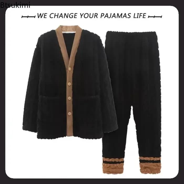 Nouveau automne hiver épais pyjamas ensemble pour hommes coréen Teddy Jacquard col en v bouton vêtements de nuit pour homme Kimono velours pyjama ensembles mâle