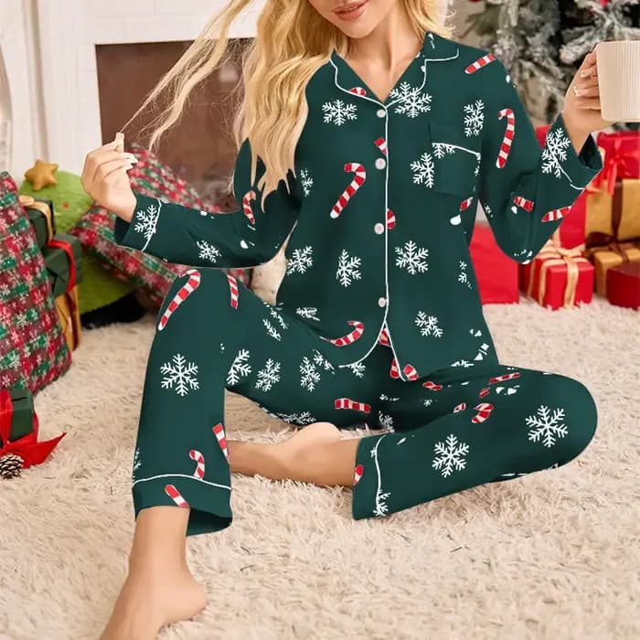 Ensemble pyjama de noël et nouvel an pour femmes, Cardigan à revers, manches longues, pantalon, vête