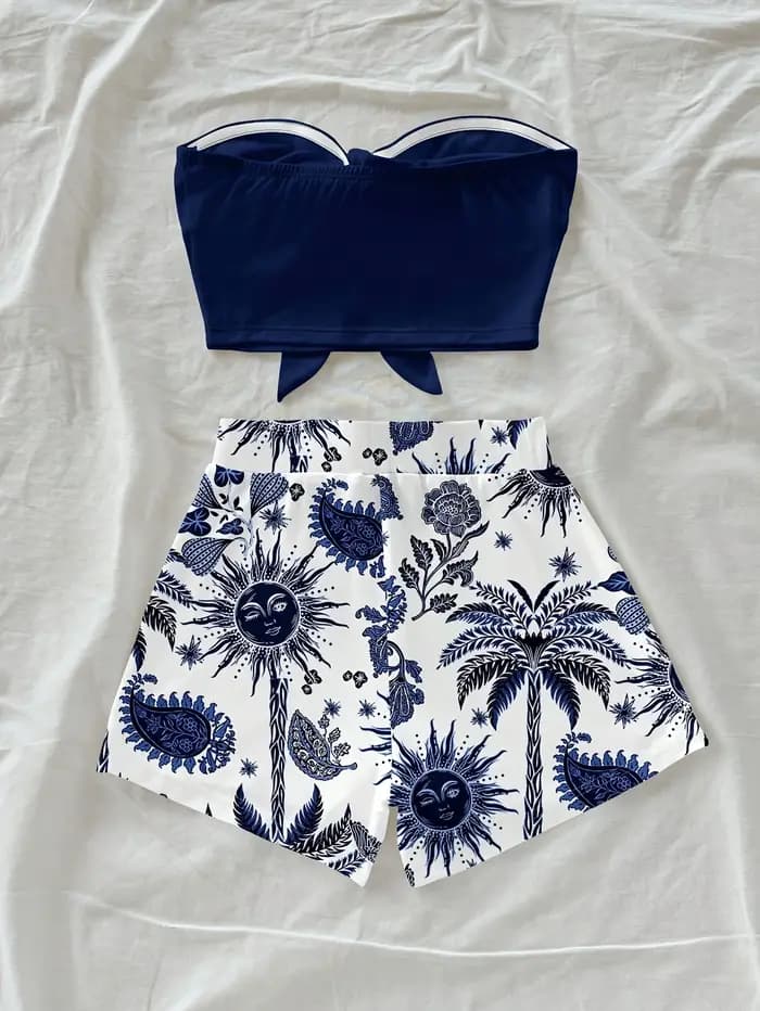 Ensemble 2 pièces pour femmes, imprimé cocotier et Dieu du Soleil, idéal pour les vacances d'été et