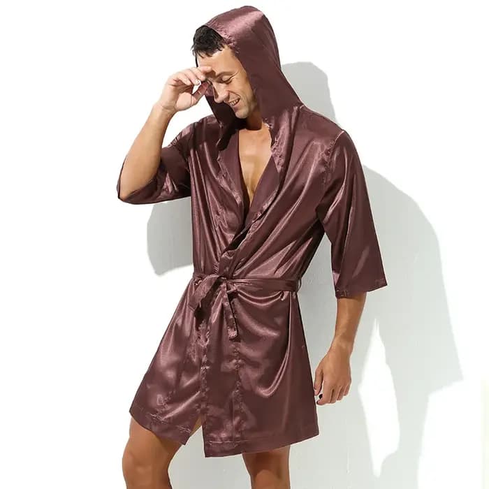 Homme Robe à capuche soie Satin Kimono vêtements de nuit demi manches peignoir