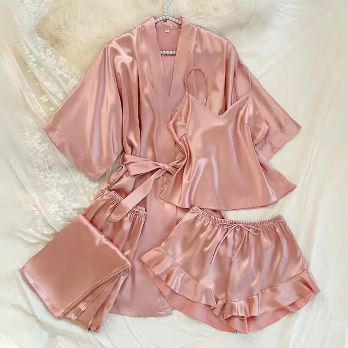 Printemps été 4 pièces ensemble de pyjamas femme pyjama vêtements de nuit Sexy peignoir fronde Shorts pantalon ample