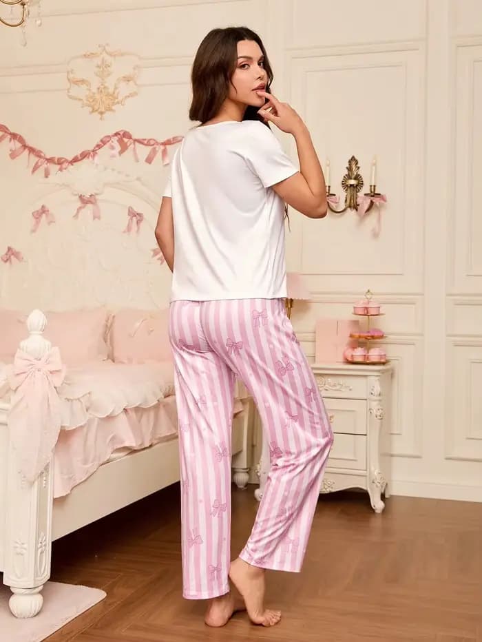 Pyjama Femme 2 Pièces Ensemble Manches Courtes Vêtements de Nuit Tenue d'Intérieur