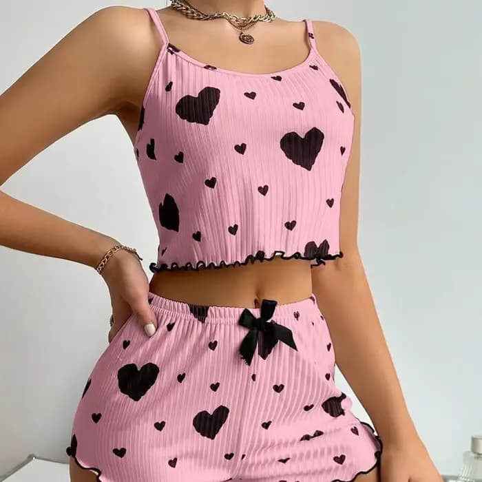 Ensemble pyjama blanc pour femme avec imprimé cœur
