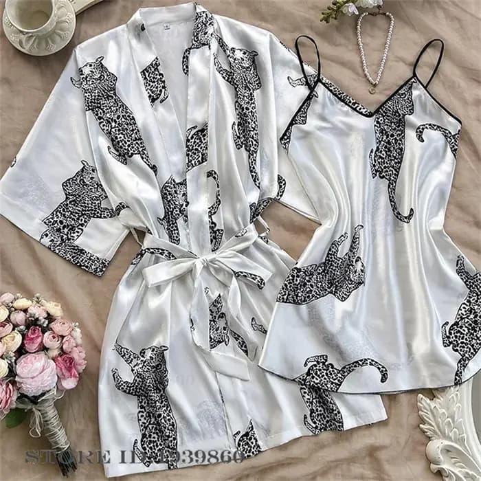 Peignoir kimono en satin à imprimé léopard pour femmes, robe Twinset, chemise de nuit d'été, vêtemen