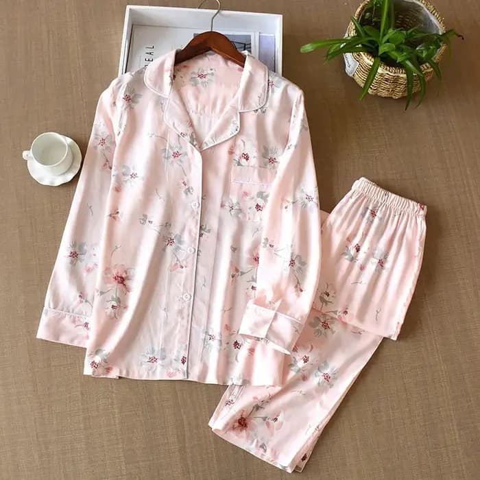 Pyjama à manches longues en fibre de viscose pour femme, costume pantalon en soie, impression de fleurs, service à domicile, style japonais, printemps et été, nouveau
