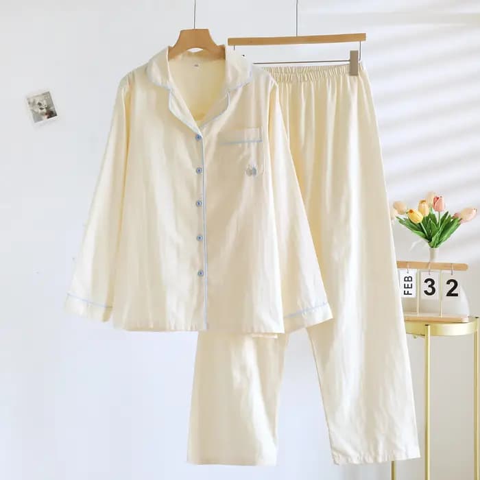 Pyjama en gaze de coton pur, couleur unie, Simple, manches longues, pantalon, ensemble de vêtements