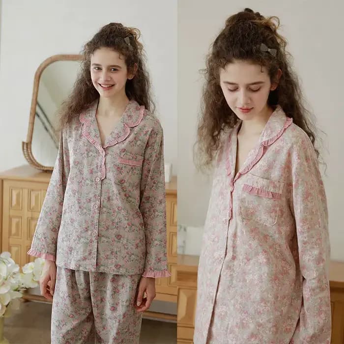 Cottagecore ensemble pyjama à fleurs pour femmes Vintage garniture à volants 100% coton doux à manches longues vêtements de nuit romantique douce princesse