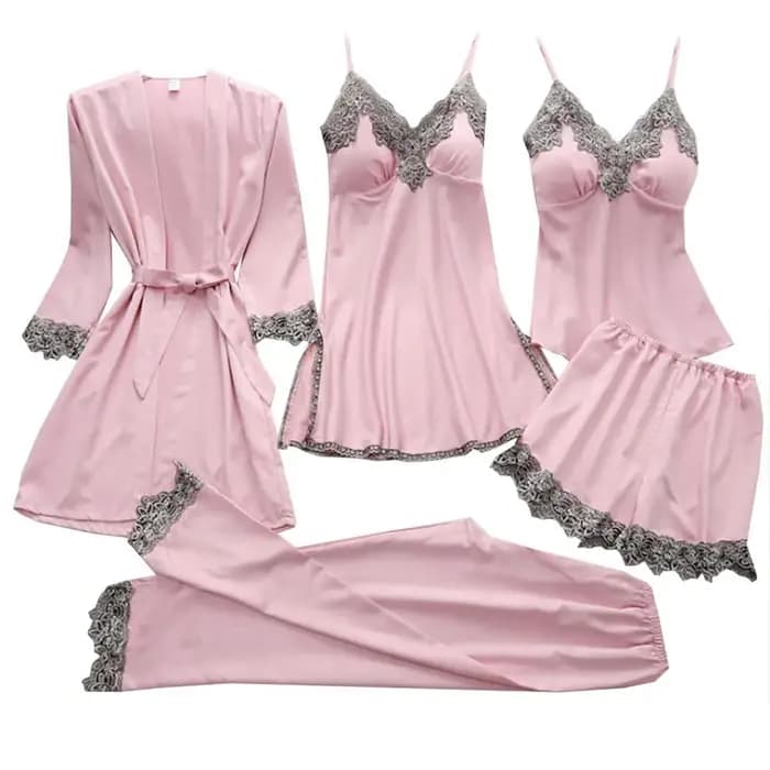 5 pièces femmes pyjama ensembles quatre saisons dentelle brodé soyeux vêtements de nuit pyjamas Homewear Satin chemise de nuit Robe vêtements de détente