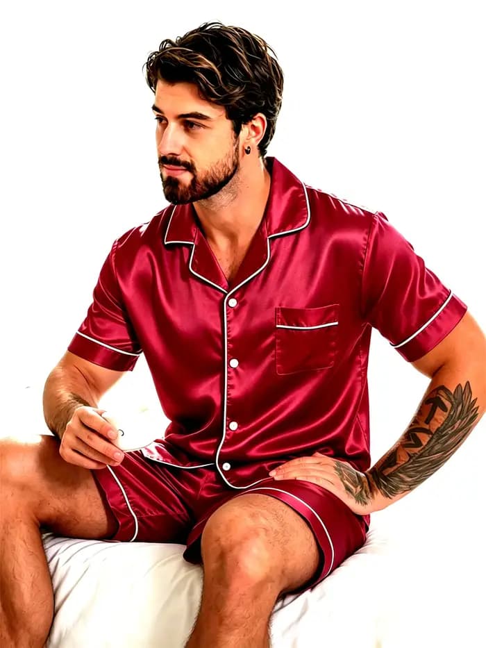 Ensemble pyjama d'été en satin pour homme – Haut boutonné à manches courtes et short – Vêtements de nuit et de détente soyeux pour un confort estival