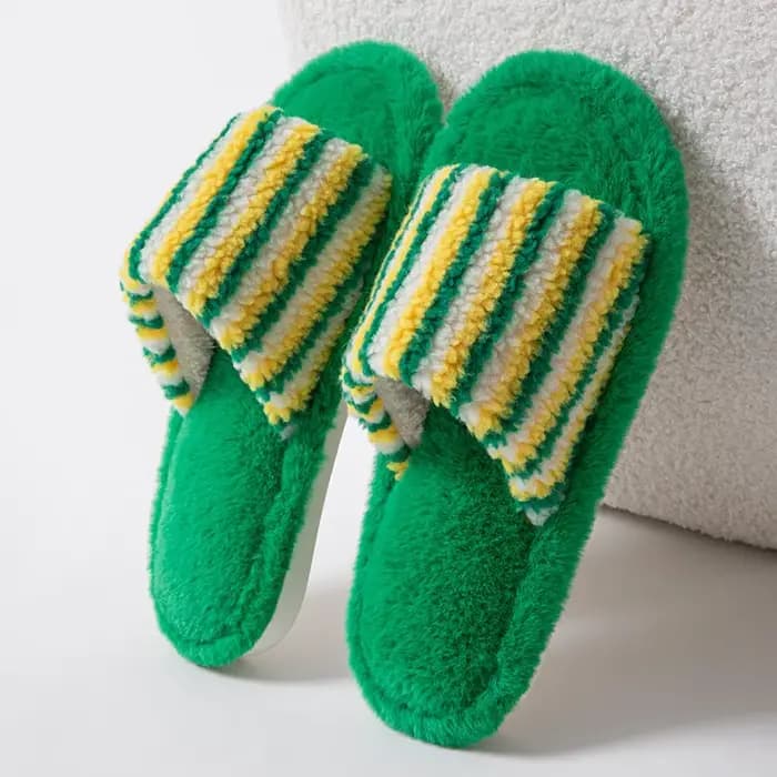 Chaussons à bout ouvert en polaire Teddy rayés colorés pour femmes
