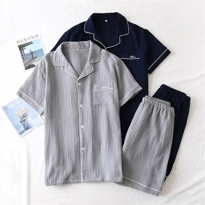 2025 nouveau été hommes pyjamas costume coton crêpe gaze couleur unie Simple à manches courtes chemise Shorts vêtements