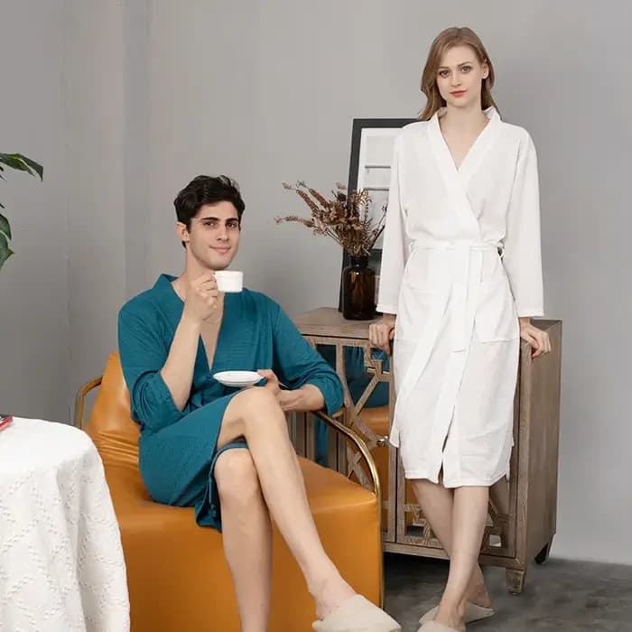 Gaufre femmes peignoir automne hiver solide col en V dames robe de chambre coton poches à manches longues Kimono avec ceintures pour femme