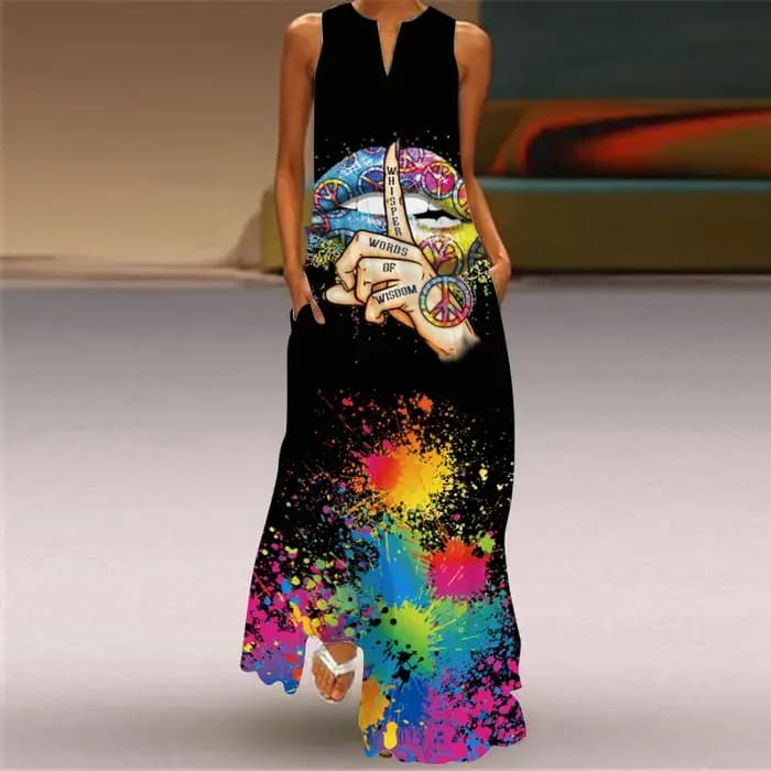 Robe longue à col en V pour femmes avec poche