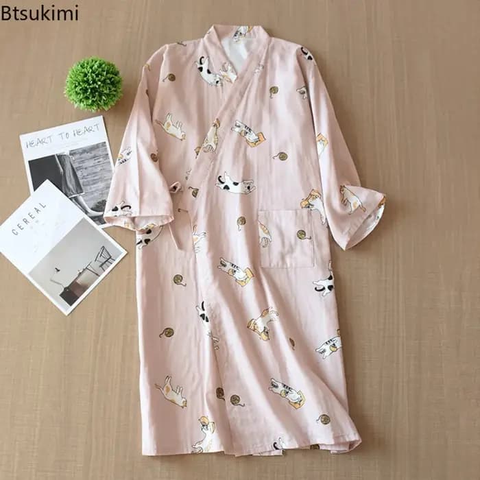 Robe de Nuit Femme 2026 100% Coton, Kimono à Manches Trois-Quarts, Pyjama Ample avec Imprimé Chat de Dessin Animé, Peignoir pour Couple