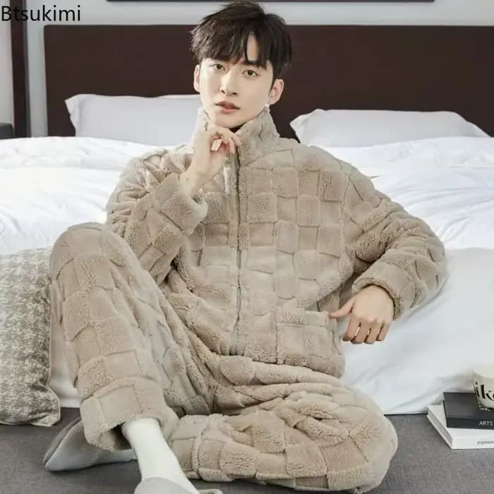 2025 Pyjamas à carreaux pour hommes corail vêtement de nuit en polaire dormir tenue