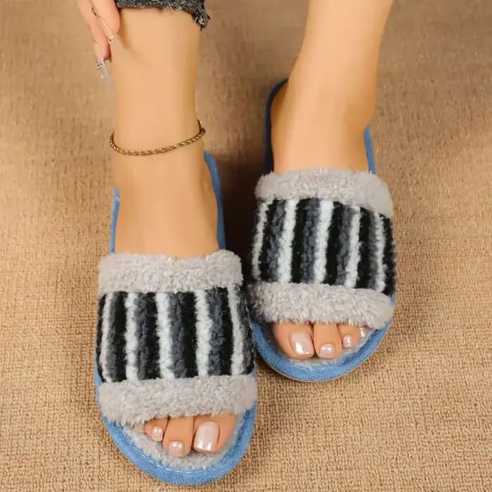 Belles rayures en peluche pantoufles chaudes Patchwork antidérapant hiver