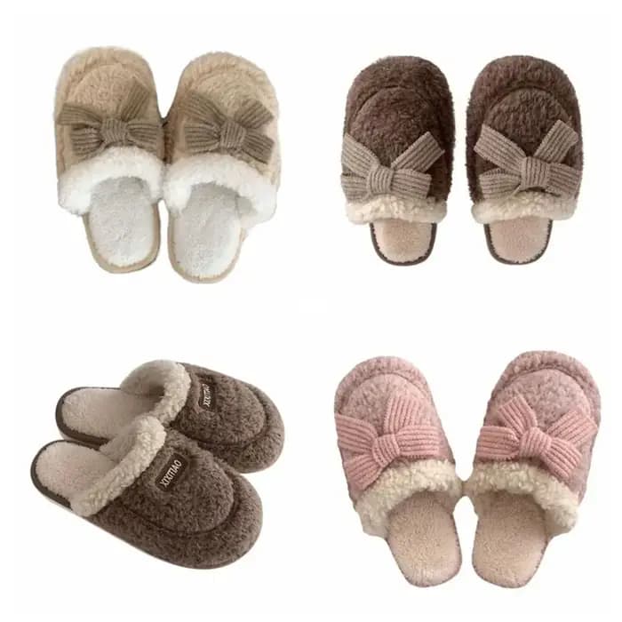 Chaussons en fourrure douce et épaisse avec nœud en forme de lettre tendance