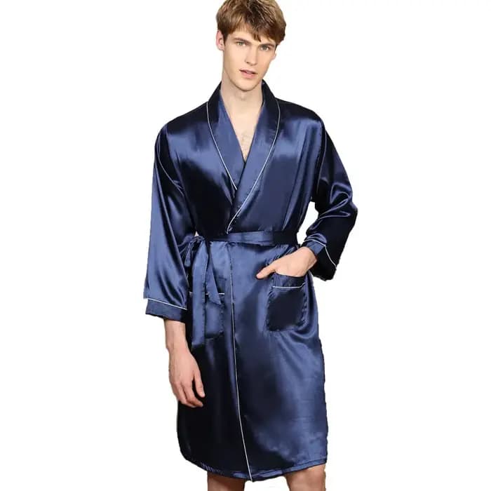 Grande taille 3XL 4XL 5XL Robe hommes été unique chemise de nuit bleu marine Satin peignoir Kimono Robe à manches longues maison Robe de chambre