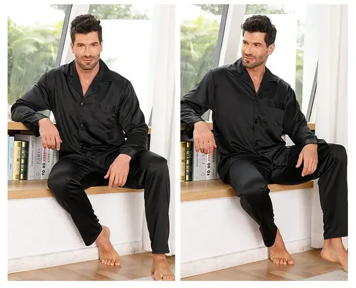 Pyjama noir costume hommes Satin maison vêtements à manches longues chemise et pantalon 2 pièces