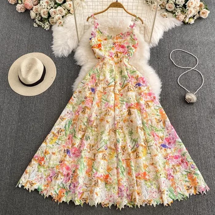 Frenchic-Robe maxi vintage en dentelle pour femme, imprimé floral, bretelles spaghetti, élégante, éd