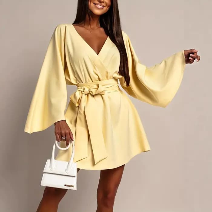 Robe à la mode pour femmes, couleur Pure, col en v, manches cloche, cintrée à la taille, Station ind