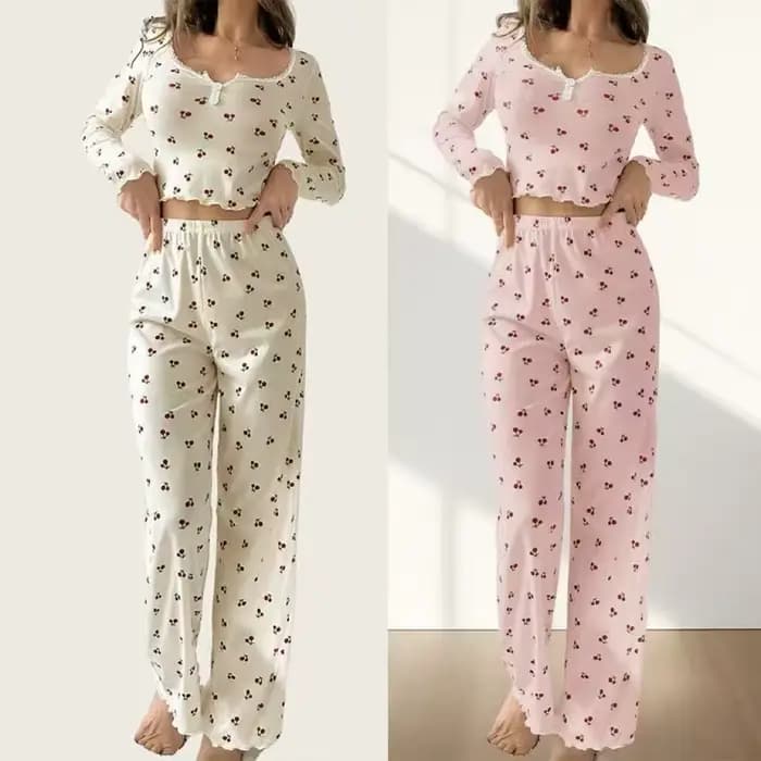Nouvel ensemble décontracté imprimé cerises pour femme – Vêtements de détente et pyjamas à manches longues