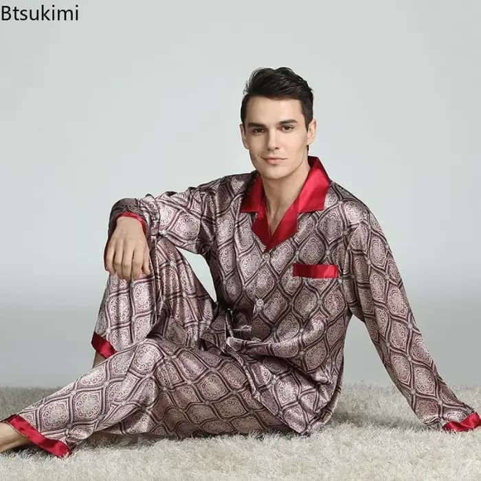 Ensemble pyjama homme printemps-été 2026 – Hauts et pantalons à manches longues en satin