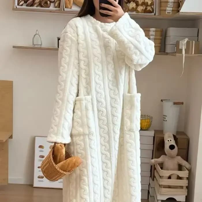 Hiver à manches longues Double poche flanelle chemises de nuit femmes ample solide vêtements