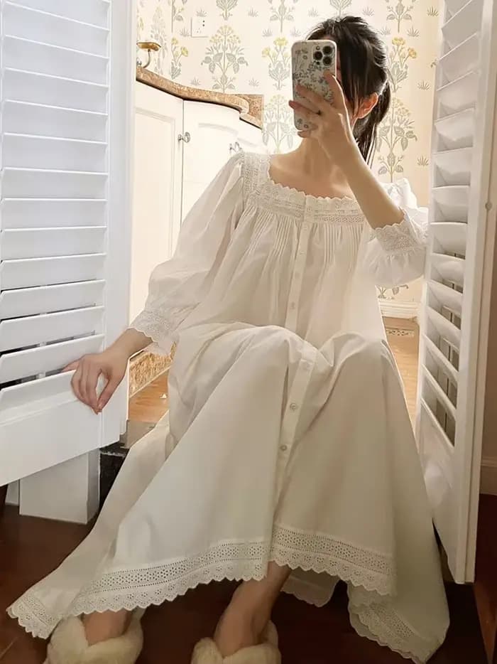 Femmes robe de nuit printemps automne pur coton à manches longues Peignoir romantique Vintage chemises