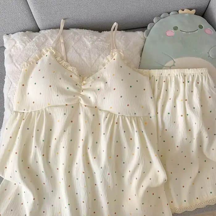 Ensemble de pyjama pour femmes, camisole colorée à pois avec coussinets de poitrine, vêtements de nuit deux pièces, col en V en dentelle, sans manches, pyjama doux et confortable