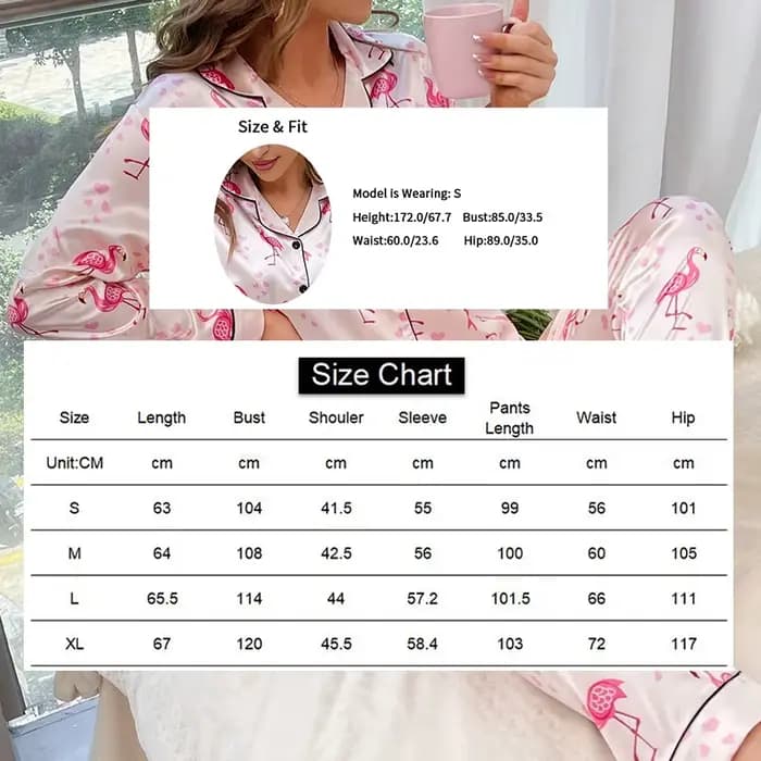 Pyjama en Satin imprimé flamant pour Femme, vêtements de maison décontractés, col à revers, boutons, hauts et pantalons, vêtements de nuit, 2 pièces, automne